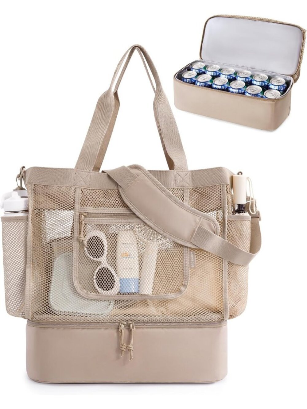 Women's Camel Beach Bag Mesh Tote Zipper Sandproof Cooler Swim Cruise Pool Bag